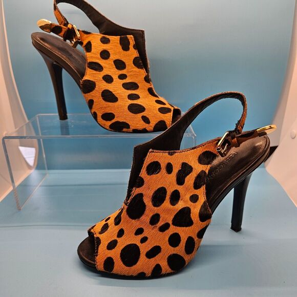 Rebecca Minkoff Cheetah‎ Calf Hair Peep Toe Slingback Stiletto Heels SEXY Sz 6M - Picture 1 of 9
